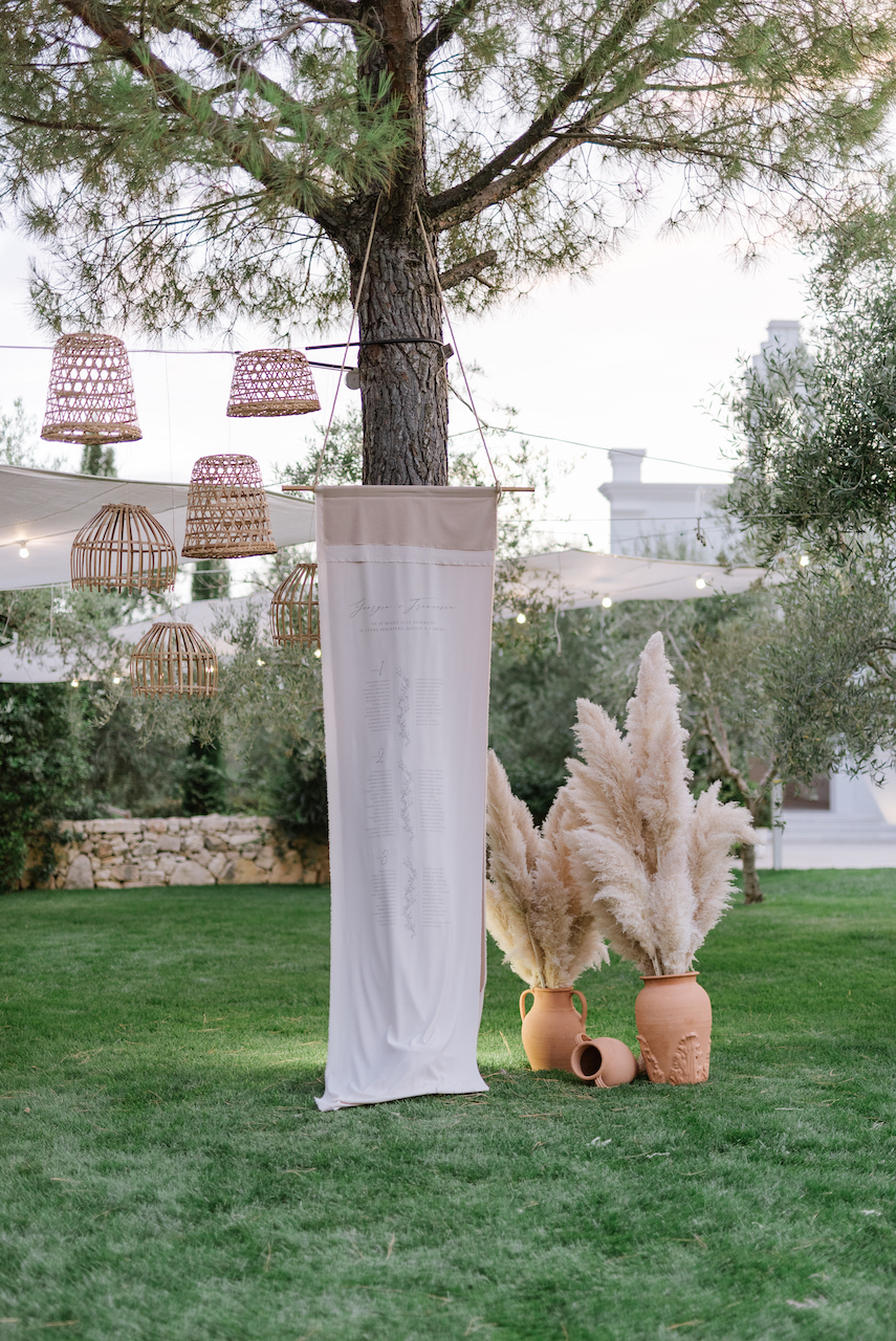 Idea tableau de mariage con tessuto stampato, decorato con cesti e pampas