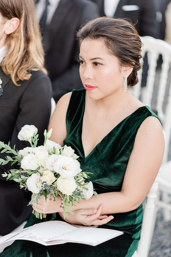 Bouquet for the bridesmaids with green velvet dress