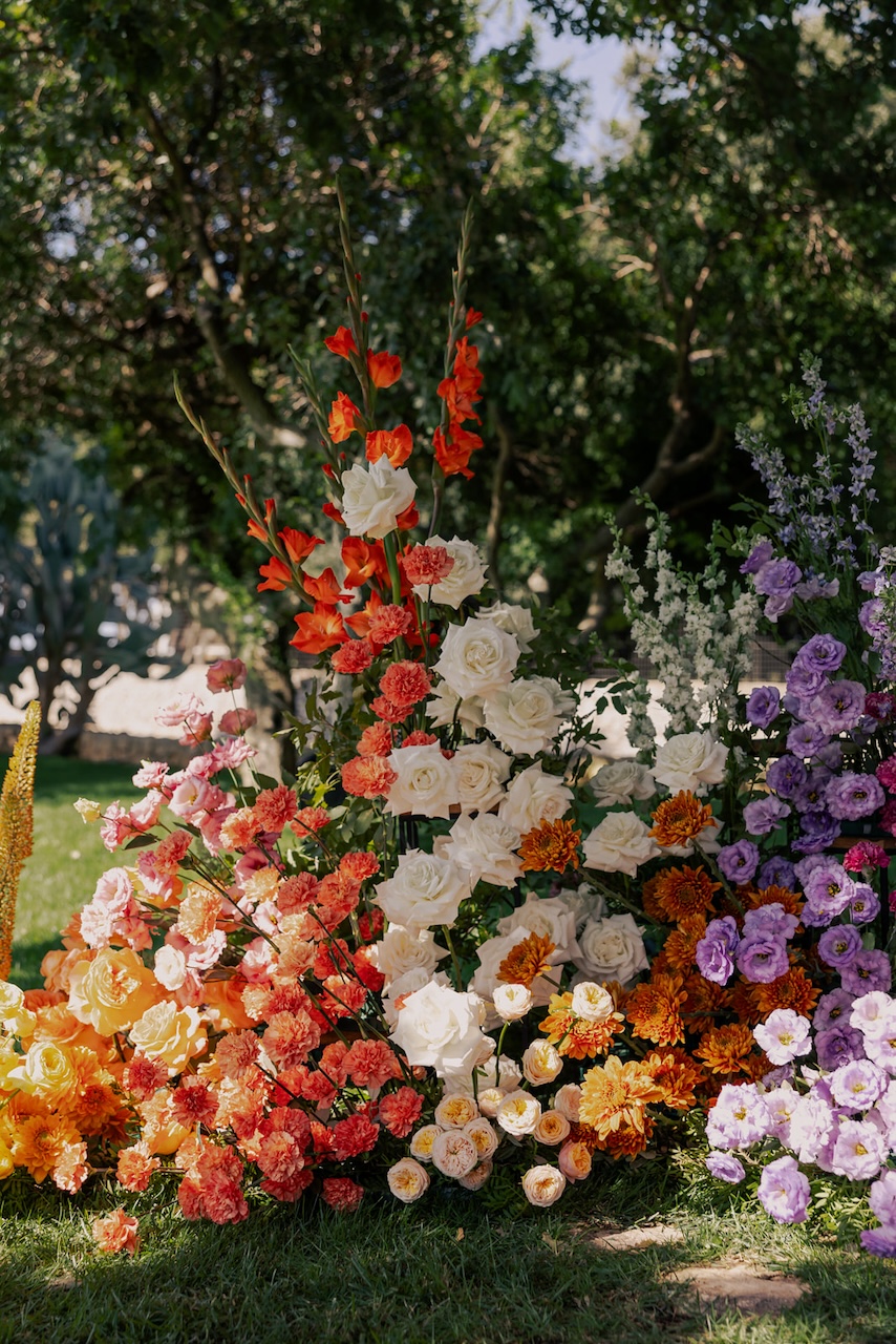 natural growths full of orange and white roses and colorful flowers