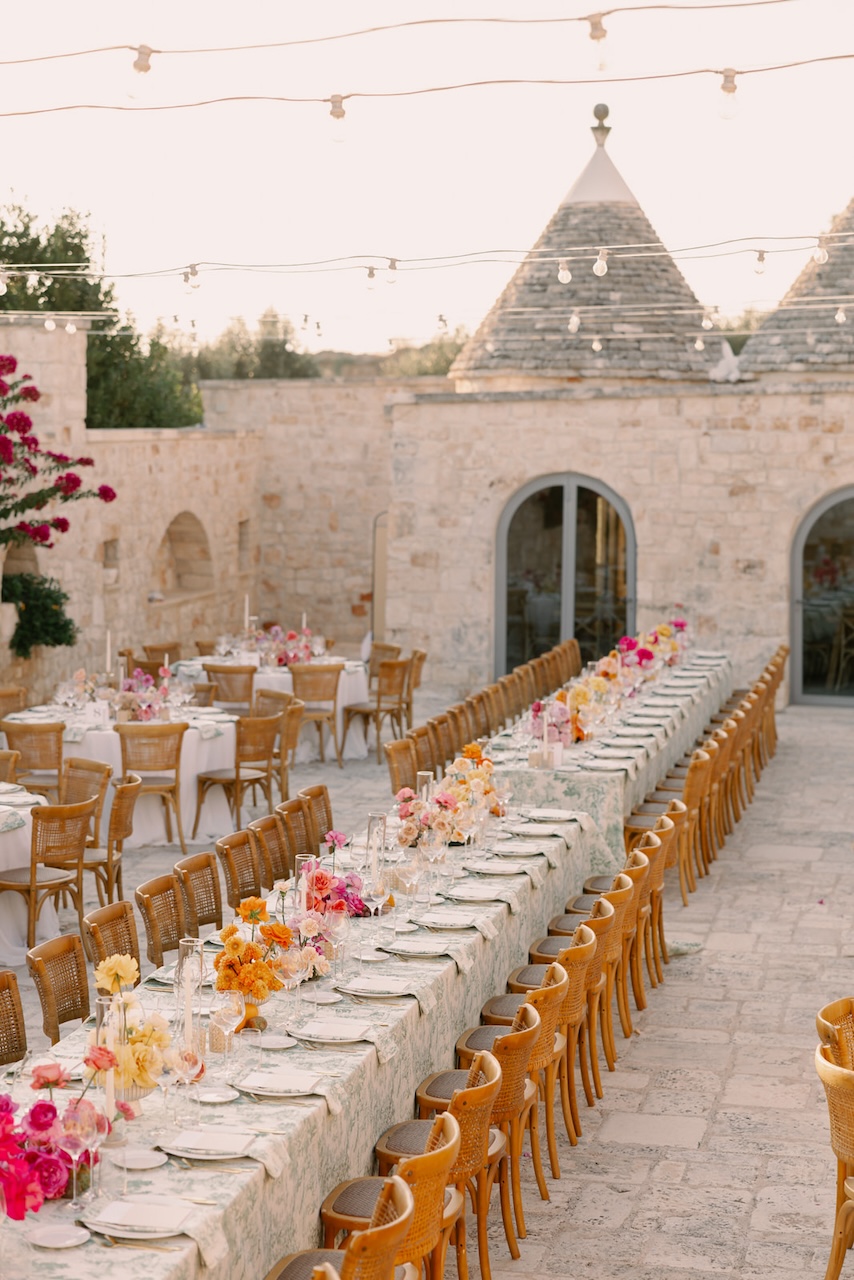 table layout with colorful flowers and green toile de jouy tablecloth