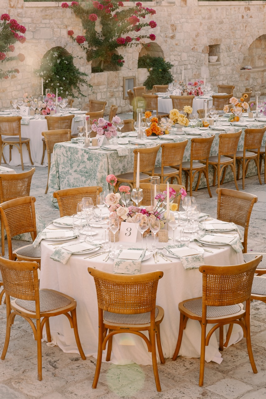 table layout with centerpieces full of colorful flowers and green toile de jouy