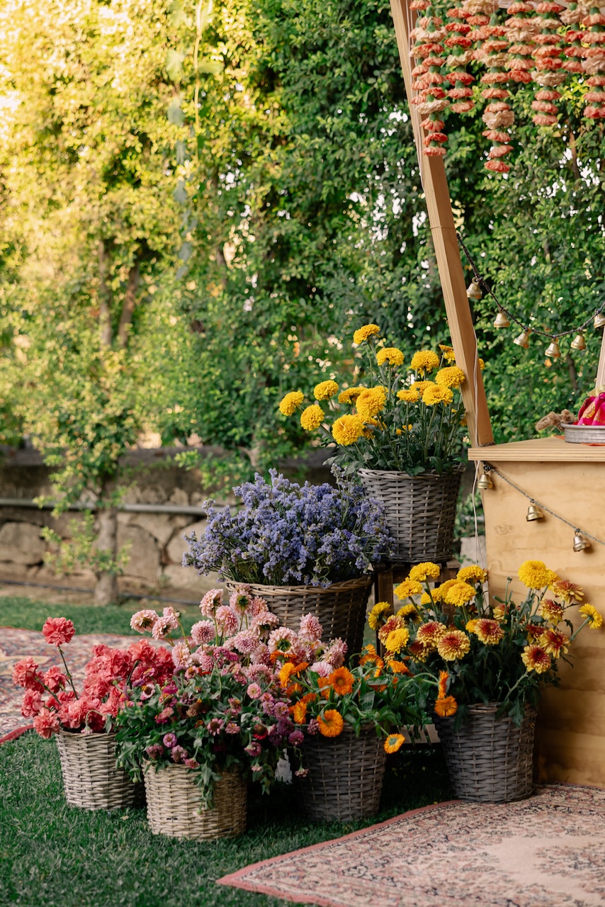 wicker baskets with colorful flowers for Hindu ritual in apulian location