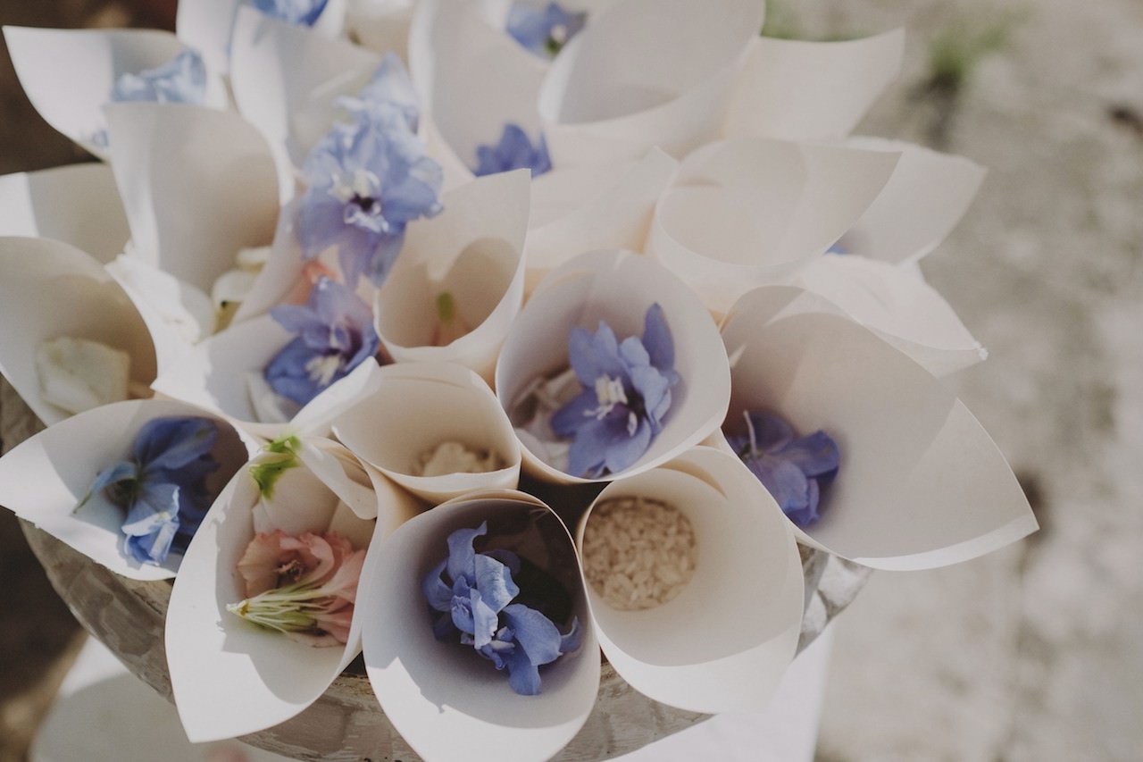 coni per riso e petali celesti