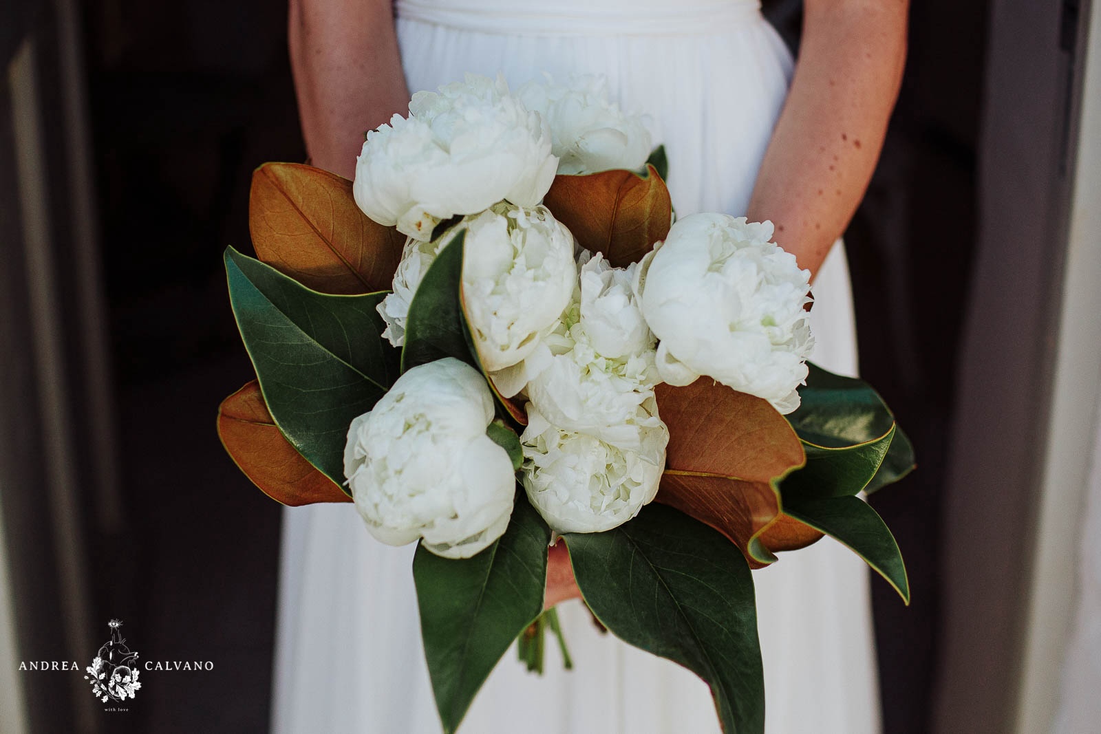 bridal bouquet with white peonies
